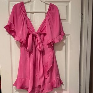 One and Only Collective Pink Ruffle Tie-Front pleated Dress large NWT
